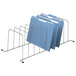 A group of blue folders in a metal rack with Fellowes 73014 Wire Desktop Organizer.