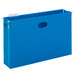 A blue rectangular file pocket with holes in it.
