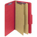 A red Smead SafeSHIELD legal size file folder with brown and tan tabs.