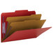 A red Smead SafeSHIELD legal size classification folder with yellow and brown files.