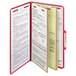 A close-up of a Smead red SafeSHIELD classification folder with a paper inside.