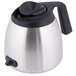 A silver stainless steel Bunn coffee carafe with a black handle.