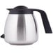 A stainless steel Bunn coffee carafe with a black handle.