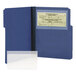 A blue folder with a clear plastic Smead poly pocket holding a document.