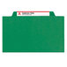 A Smead green SafeSHIELD legal size classification folder with a name tag.