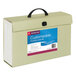 A Smead legal size expanding file box with a green case and a blue and green label.