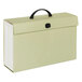 A green file box with a black handle.