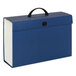 A blue Smead legal size file box with a black handle.