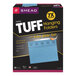 A box of blue Smead TUFF hanging folders with white text and yellow tabs.