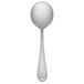 A stainless steel bouillon spoon with a silver handle.