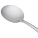 A close-up of a Libbey stainless steel bouillon spoon with a silver handle.