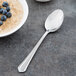 A Libbey Cortland stainless steel serving spoon next to a bowl of oatmeal with blueberries.