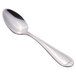A close-up of a Libbey stainless steel demitasse spoon with a decorative handle.