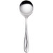 A close-up of a Libbey stainless steel bouillon spoon with a curved handle.