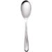 A close-up of a white Libbey stainless steel dessert spoon with a curved handle.