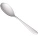 A close-up of a Libbey Cantina stainless steel dessert spoon with a silver handle.