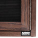 An Aarco walnut wood enclosed bulletin board with black felt on the front.