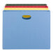 A Smead box bottom hanging file folder in blue and yellow.