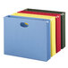 A group of Smead box bottom hanging file folders in blue and yellow with red and yellow stripes.