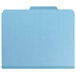 A blue file folder with white SafeSHIELD fasteners.