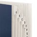 A row of navy blue file folders with white alphabetical labels.