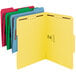 A yellow box of Smead letter size fastener folders with different colored folders in a row.