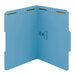 A blue file folder with 2 fasteners on it.