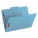 A blue file folder with two brown fasteners on the side.
