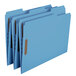 A group of blue Smead letter size fastener folders with different colored tabs.