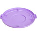 A purple plastic lid for a Carlisle Bronco trash can with a handle and holes.