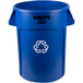 A blue Rubbermaid Brute recycling can with white text.