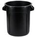 A black Rubbermaid BRUTE round trash can with handles.