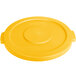 A yellow Carlisle plastic lid for a round trash can with a handle.