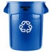 A blue Rubbermaid Brute recycling can with a white recycle symbol on it.