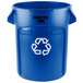 A blue Rubbermaid Brute recycling can with white recycle symbol.
