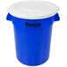 A blue Continental Huskee round trash can with a white lid.