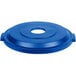 A blue plastic disc with a hole for a Rubbermaid BRUTE recycling container.