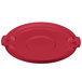 A red flat round plastic lid with three handles.