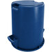 A blue Carlisle round plastic trash can with a lid.