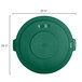 A green plastic Carlisle Bronco lid for a 32 gallon trash can with measurements.