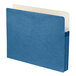 A blue file folder with white paper inside.