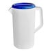 A white Tablecraft pitcher with a white and blue lid.