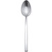An Arcoroc stainless steel demitasse spoon with a white handle on a white background.