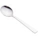 A Libbey stainless steel bouillon spoon with a white handle and silver spoon.