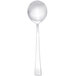 An Arcoroc stainless steel soup spoon with a silver handle on a white background.