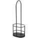 A black metal Tablecraft Gemelli cruet rack with a round base and a curved handle.