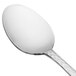 A Libbey stainless steel dessert spoon with a white handle and silver rim.