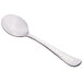 A close-up of a Libbey medium weight silver bouillon spoon with a white background.