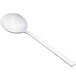 A Libbey Elexa bouillon spoon with a white handle and bowl.
