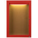 A red cabinet with a lighted indoor bulletin board.